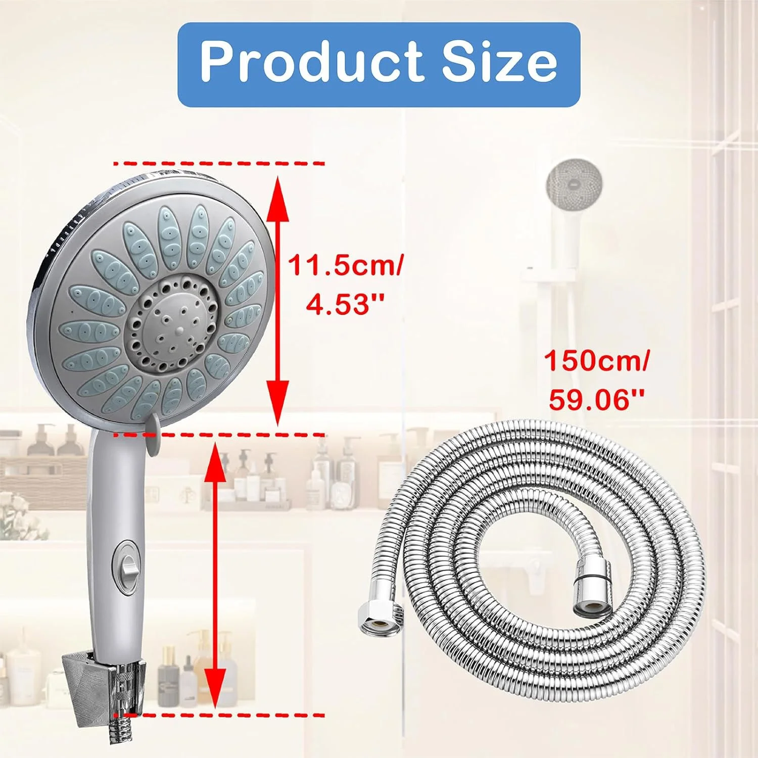 سردوش حمام فشار قوی با سر دوشی دستی، 5 حالت اسپری، ست سردوش جداشدنی با شلنگ استیل 1.5 متری (قطر 15.5 سانتی متر)