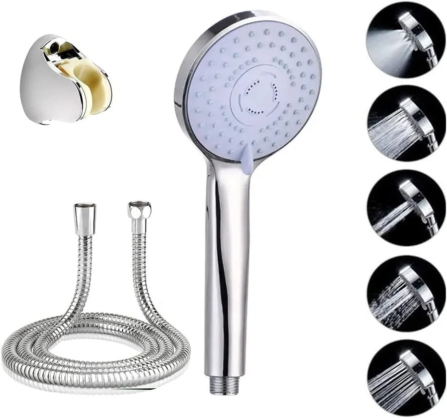 Shower Head Set - 5 Spray Settings - 8 Inches Handheld Showerhead with 60 Inches Stainless Steel Shower Hose - Shower Bracket - High Pressure Shower Head- Useful for Hair fall, Pet and SPA