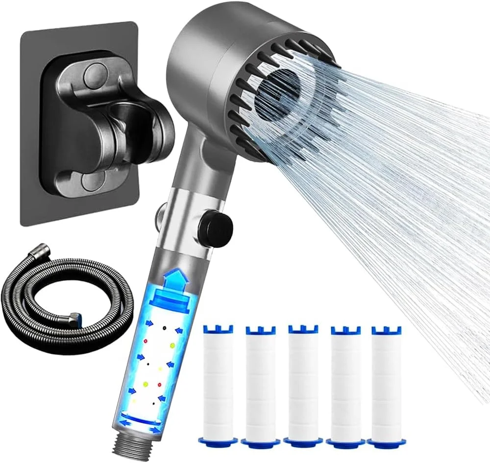 سردوش حمام با شلنگ 1.5 متری، پایه نگهدارنده و 5 فیلتر، سردوش حمام فشار قوی برای صرفه جویی در مصرف آب، سردوش حمام با 3 + 1 نوع جت، سردوش ضد رسوب (خاکستری)