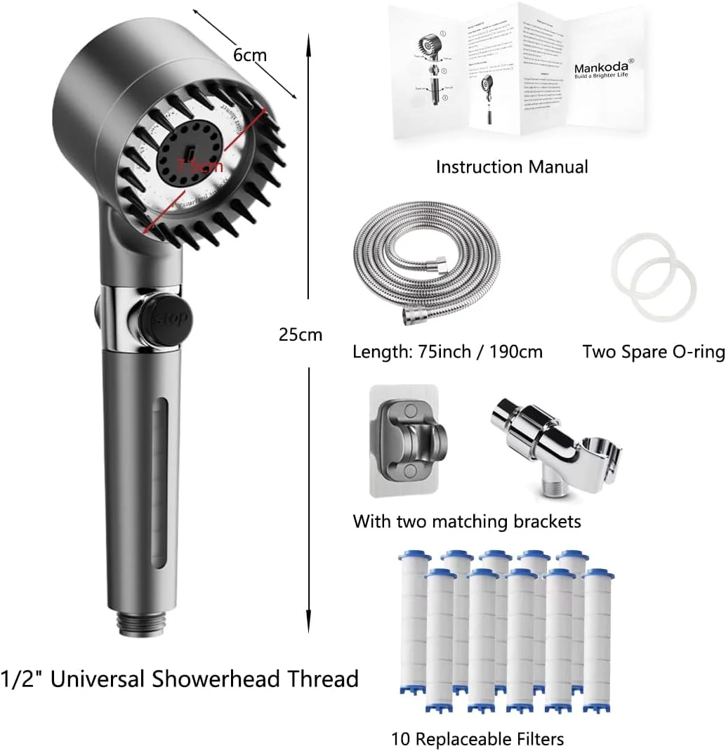سردوش فیلتردار با شلنگ و فشار قوی - سردوش یون دراپس با شلنگ استیل 75 اینچی برای آب سخت | سردوش 3 حالته با 10 فیلتر قابل تعویض