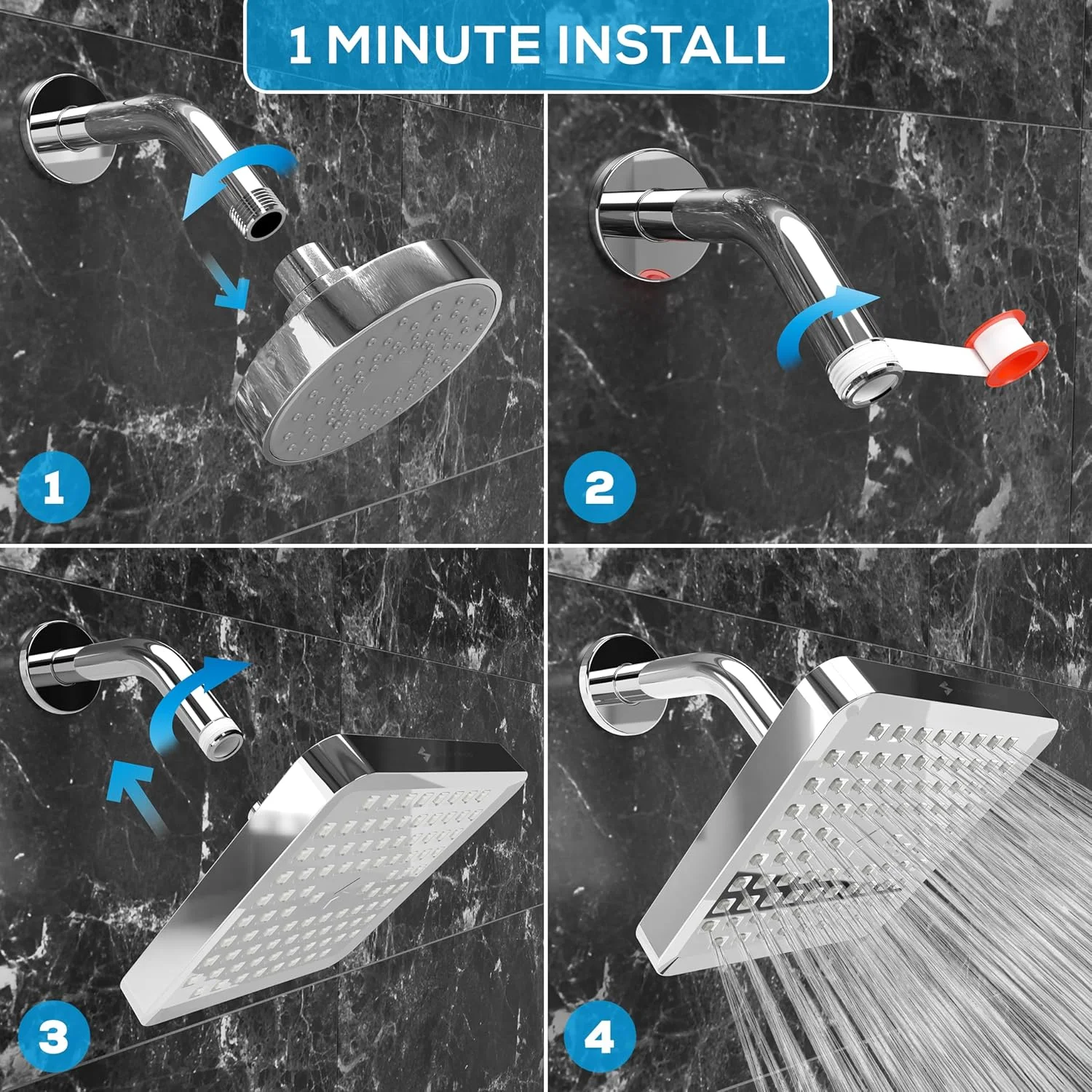 سردوش حمام SparkPod - بارانی پرفشار - ظاهر مدرن لوکس - نصب آسان و بدون ابزار در 1 دقیقه - جایگزین عالی و قابل تنظیم برای سردوش های حمام شما (مربع، کروم)