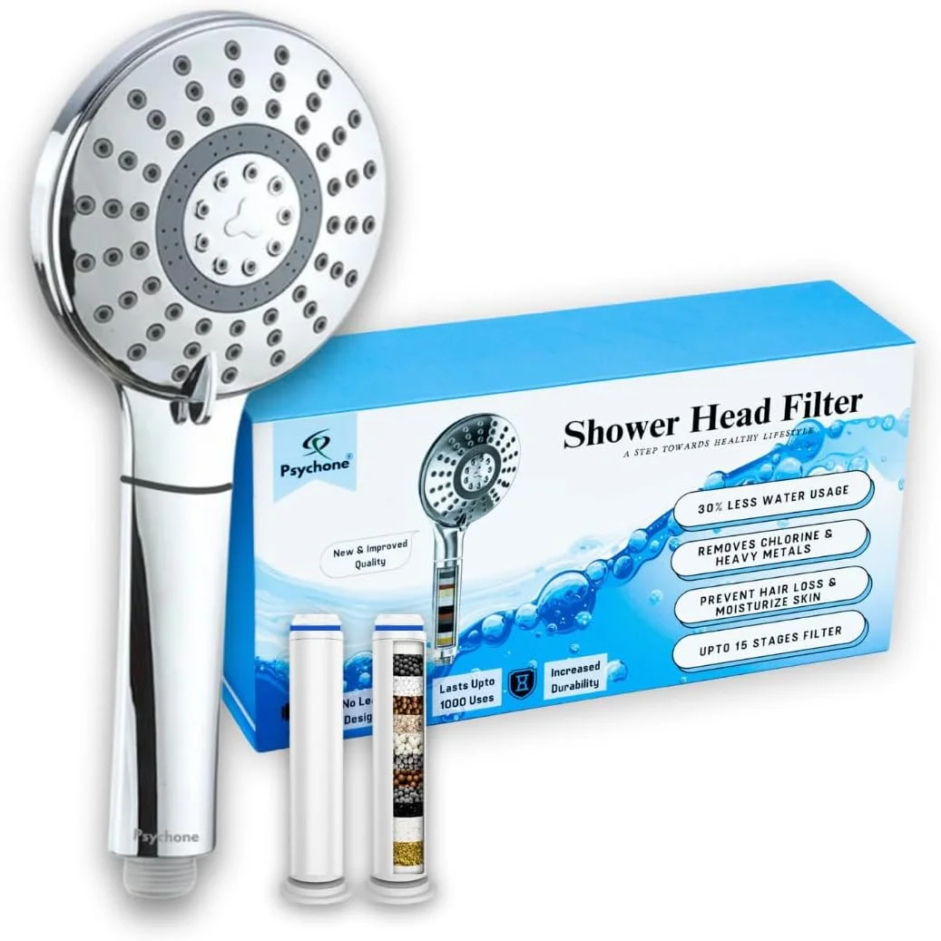 فیلتر دوش Psychone - سر دوش فیلتر دار - دستی 5 حالته با فیلتر آب 15 مرحله ای برای آب سخت - حذف کلر و آلاینده های مضر - جلوگیری از ریزش مو و مرطوب کردن پوست