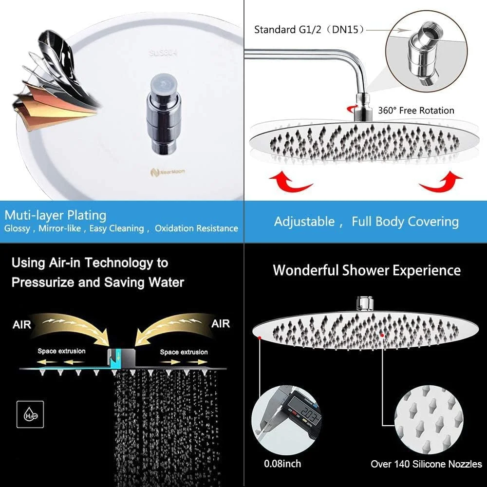 سردوش بارانی 12 اینچی NearMoon، سردوش حمام استیل ضد زنگ فشار قوی، سردوش فوق العاده نازک با پوشش آبشاری و نازل سیلیکونی و عملکرد اسپری قدرتمند (گرد 12 اینچی) سردوش بارانی 12 اینچی NearMoon، سردوش حمام استیل ضد زنگ فشار قوی، سردوش فوق العاده نازک با پوشش آبشاری و نازل سیلیکونی و عملکرد اسپری قدرتمند (گرد 12 اینچی)