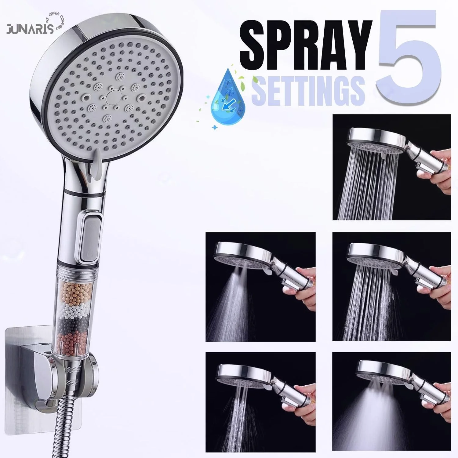 سردوش حمام و فیلتر دوش جوناریس برای حذف کلر، مناسب آب سخت و کاهش ریزش مو | 5 حالت با تنظیم جریان و مکث | مناسب برای پوست (نقره ای) سردوش حمام و فیلتر دوش جوناریس برای حذف کلر، مناسب آب سخت و کاهش ریزش مو | 5 حالت با تنظیم جریان و مکث | مناسب برای پوست (نقره ای)