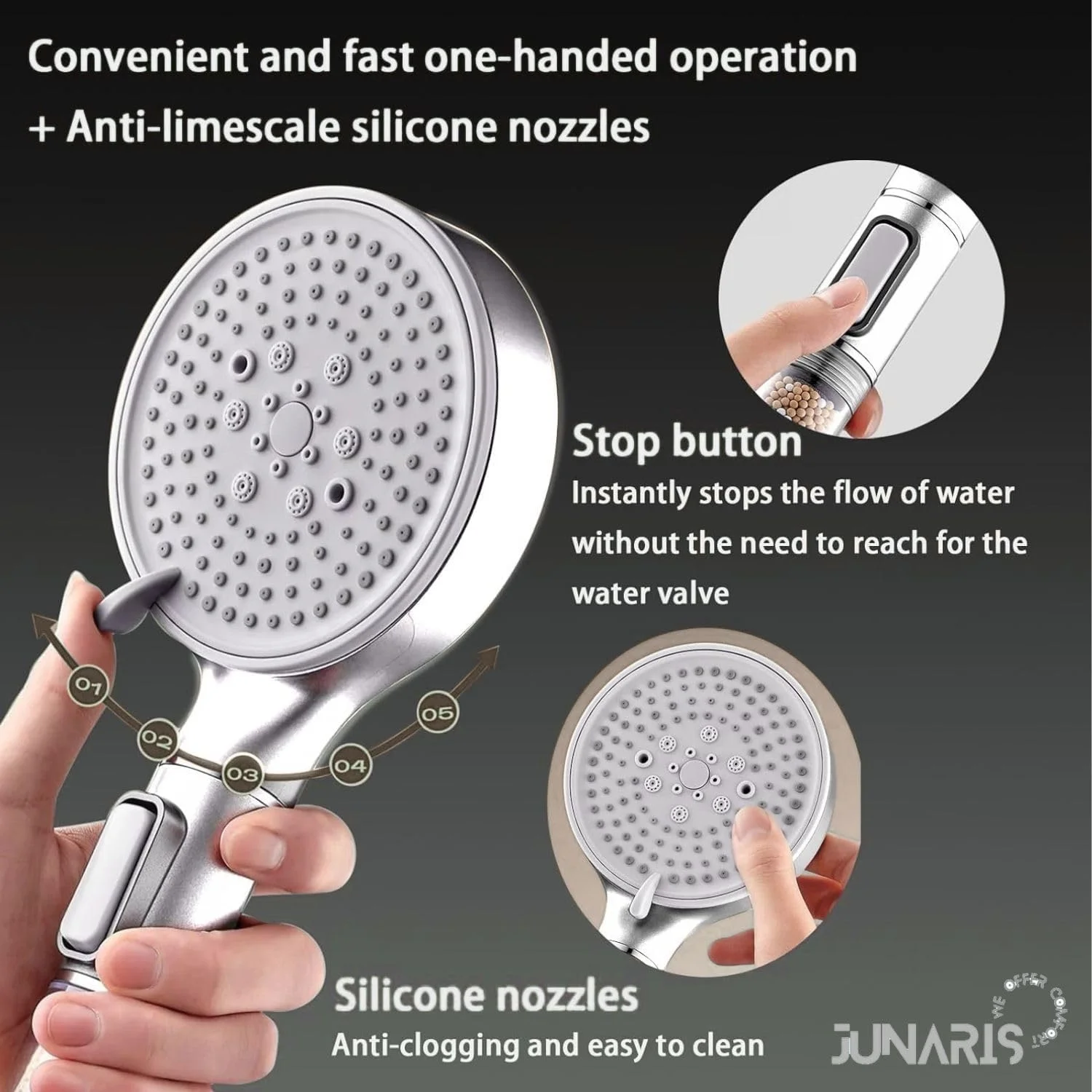 سردوش حمام و فیلتر دوش جوناریس برای حذف کلر، مناسب آب سخت و کاهش ریزش مو | 5 حالت با تنظیم جریان و مکث | مناسب برای پوست (نقره ای) سردوش حمام و فیلتر دوش جوناریس برای حذف کلر، مناسب آب سخت و کاهش ریزش مو | 5 حالت با تنظیم جریان و مکث | مناسب برای پوست (نقره ای)