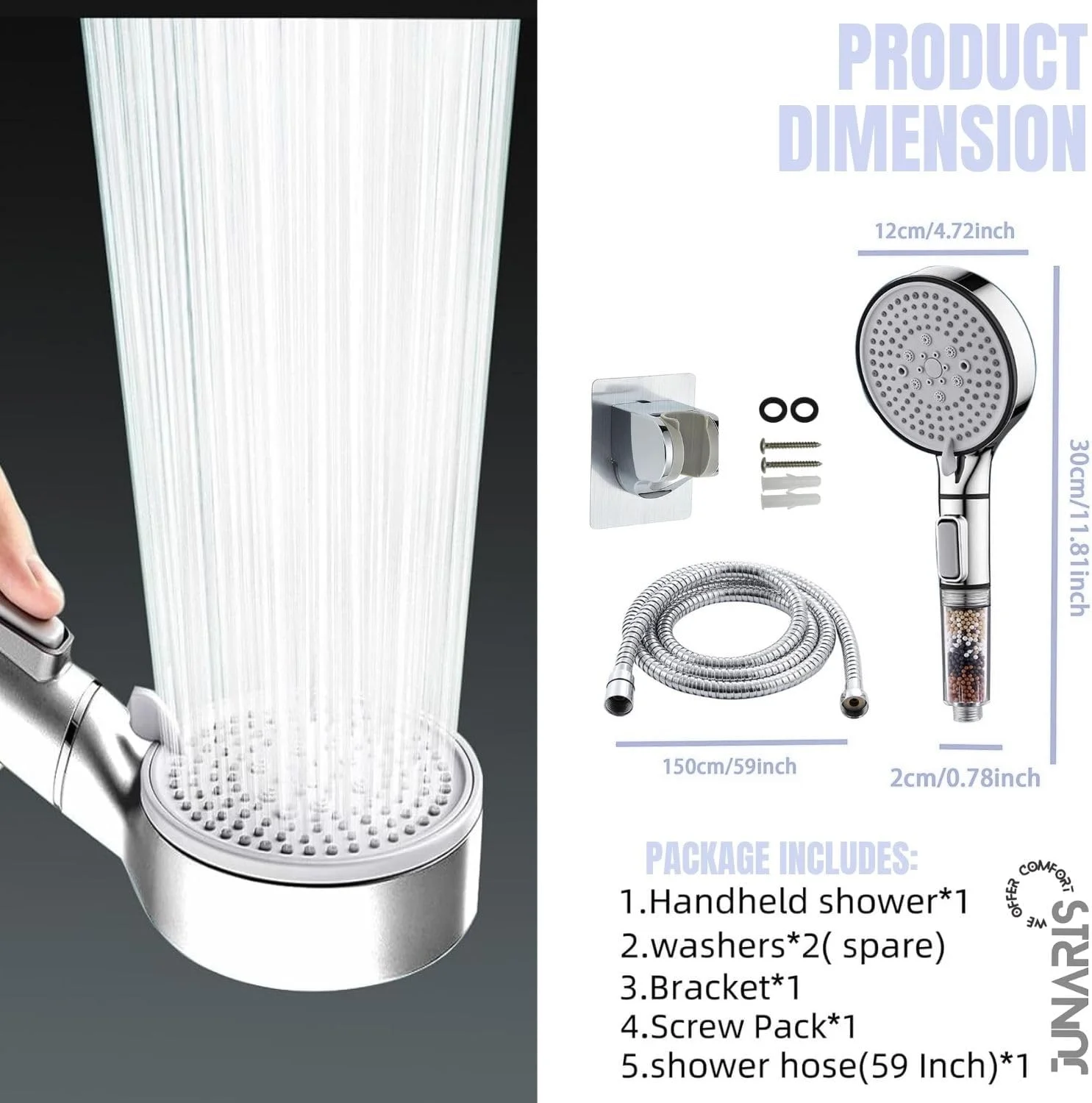 سردوش حمام و فیلتر دوش جوناریس برای حذف کلر، مناسب آب سخت و کاهش ریزش مو | 5 حالت با تنظیم جریان و مکث | مناسب برای پوست (نقره ای) سردوش حمام و فیلتر دوش جوناریس برای حذف کلر، مناسب آب سخت و کاهش ریزش مو | 5 حالت با تنظیم جریان و مکث | مناسب برای پوست (نقره ای)