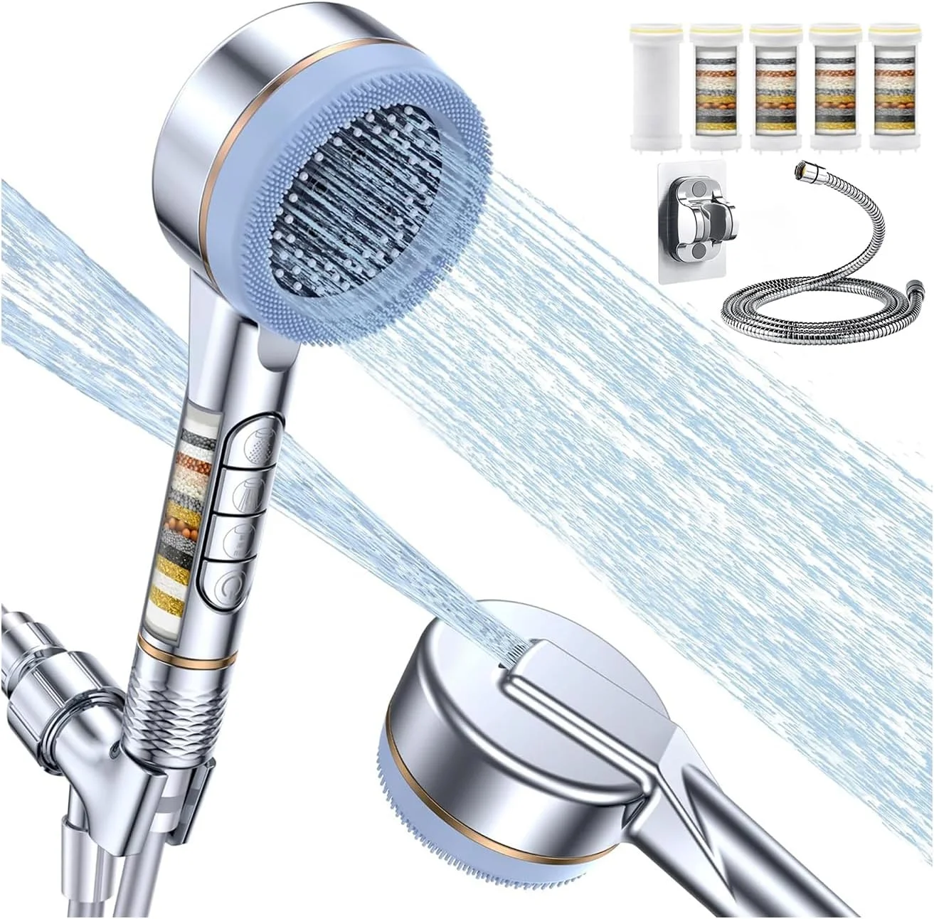 سردوش فیلتردار فشار قوی (فیلتر چند مرحله ای/دستی) با 4 حالت، مکث با یک کلیک، سر ماساژ سیلیکونی، شامل 5 فیلتر، براکت 180 درجه و شلنگ استیل ضد زنگ، نقره ای کروم سردوش فیلتردار فشار قوی (فیلتر چند مرحله ای/دستی) با 4 حالت، مکث با یک کلیک، سر ماساژ سیلیکونی، شامل 5 فیلتر، براکت 180 درجه و شلنگ استیل ضد زنگ، نقره ای کروم