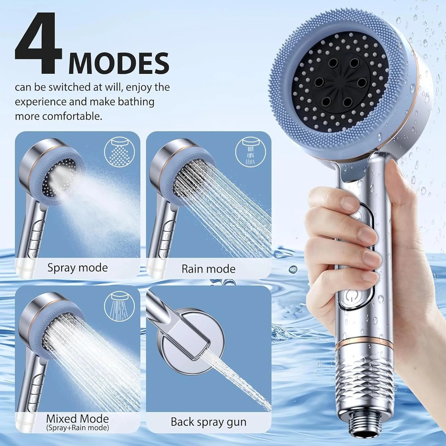 سردوش فیلتردار فشار قوی (فیلتر چند مرحله ای/دستی) با 4 حالت، مکث با یک کلیک، سر ماساژ سیلیکونی، شامل 5 فیلتر، براکت 180 درجه و شلنگ استیل ضد زنگ، نقره ای کروم سردوش فیلتردار فشار قوی (فیلتر چند مرحله ای/دستی) با 4 حالت، مکث با یک کلیک، سر ماساژ سیلیکونی، شامل 5 فیلتر، براکت 180 درجه و شلنگ استیل ضد زنگ، نقره ای کروم