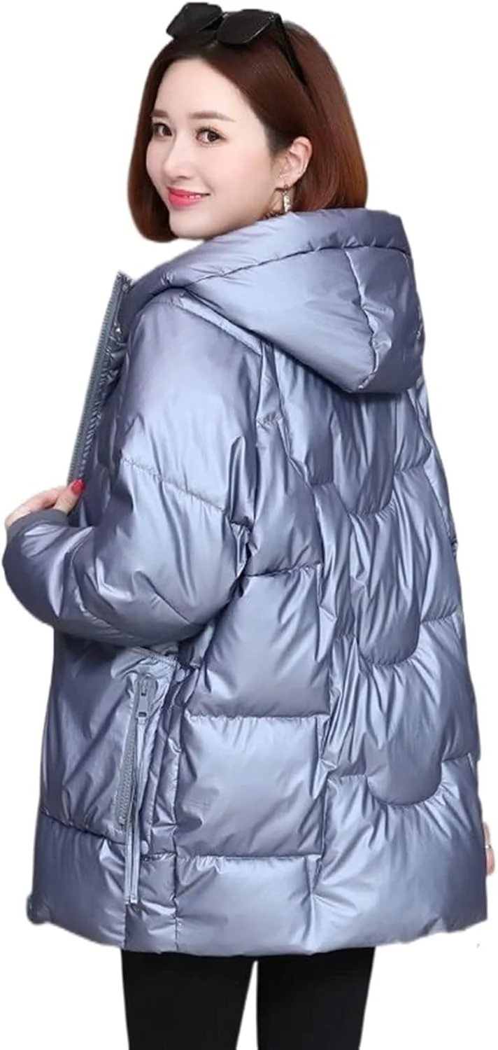 HBEIDAHUANG ژاکت پایین زنانه زمستانی کت کلاه دار میدی بلند گشاد ضخیم گرم غیر رسمی باریک براق مشکی (رنگ: Hortel، سایز: M 45-50kg)