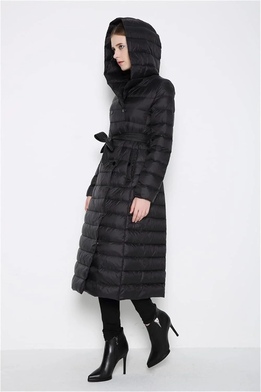 کت پفی زنانه HBEIDAHUANG، کت زمستانی ضخیم کلاه دار، باریک، دکمه دوبل، کمربند دار، بلند (رنگ: Hortel، سایز: XXXL)