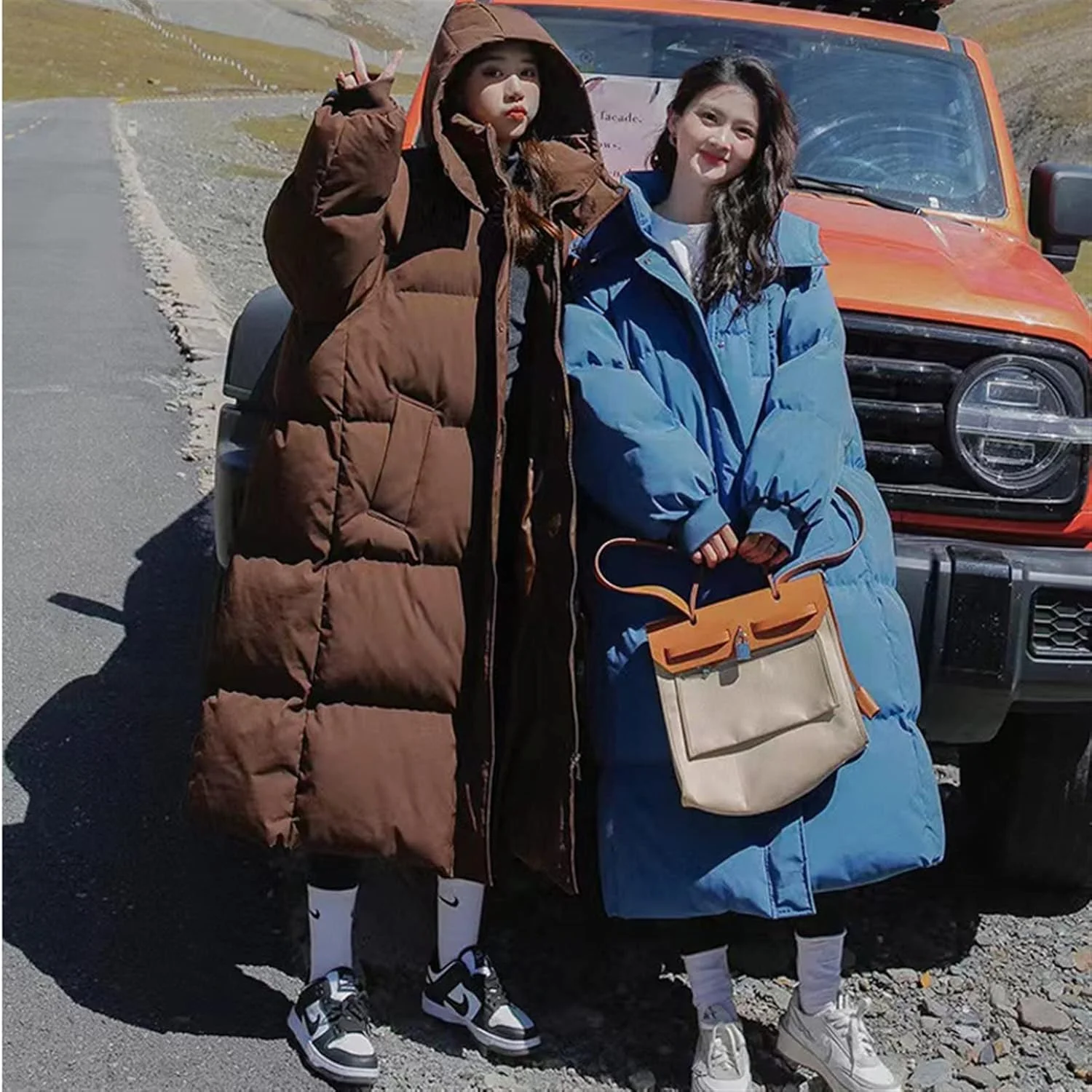 HBEIDAHUANG ژاکت زنانه زمستانی بلند، کاپشن پنبه ای پایین، مدل اورسایز، ژاکت ضخیم گرم نگهدارنده، پافر زمستانی (رنگ: Hortel، سایز: XL)