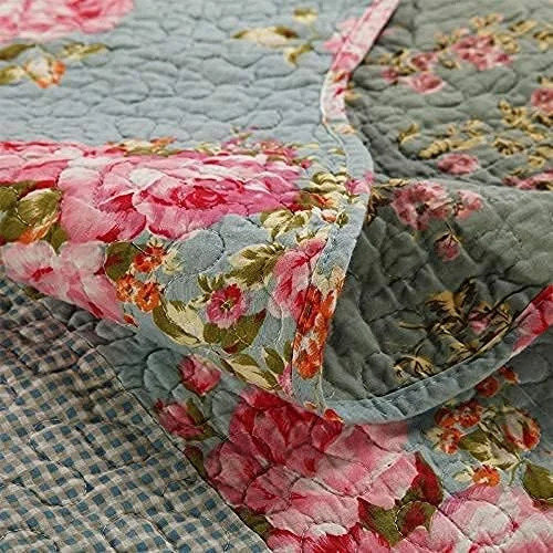 روتختی تکه دوزی شده دو نفره، ست لحاف سه تکه، پنبه ای، طرح گلدار روستایی کوچک، رو تختی/روکش تخت سایز کینگ (آبی) (آبی)