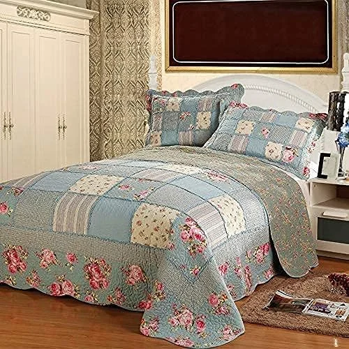 روتختی تکه دوزی شده دو نفره، ست لحاف سه تکه، پنبه ای، طرح گلدار روستایی کوچک، رو تختی/روکش تخت سایز کینگ (آبی) (آبی)
