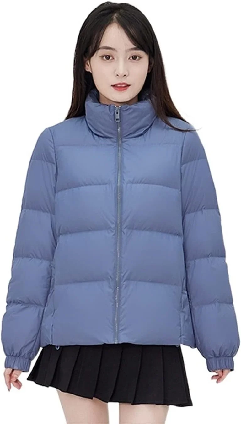 HBEIDAHUANG ژاکت پایین زنانه بهاره، ژاکت جدید کرک اردک زنانه، کوتاه، گشاد، یقه ایستاده، سبک غیررسمی سبک، زیپ، لباس بیرونی نرم و یکدست (رنگ: Hortel، سایز: L)