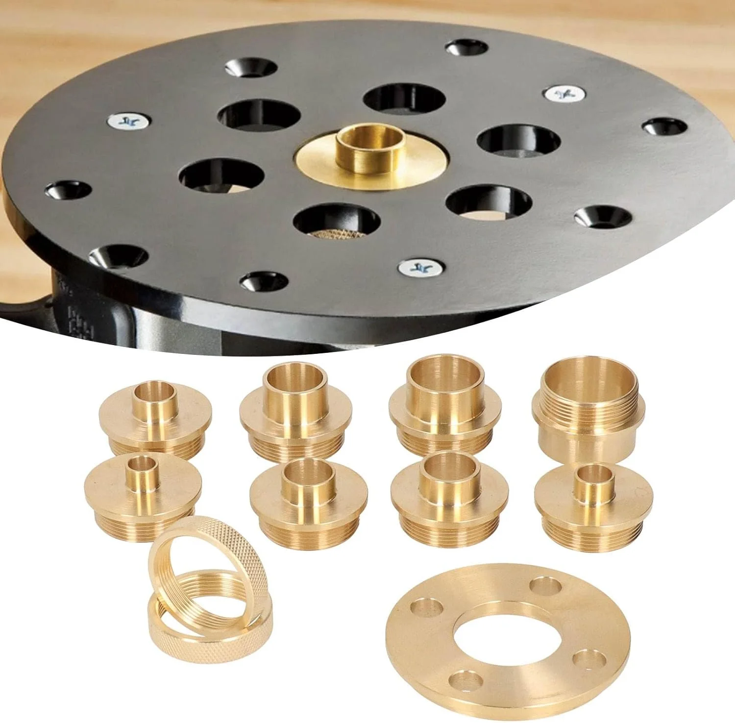 کیت راهنمای روتر، مجموعه 11 عددی راهنمای قالب روتر برنجی با آداپتور مهره قفلی و جعبه نگهداری، برای مسیریابی لولا، دم چلچله ای