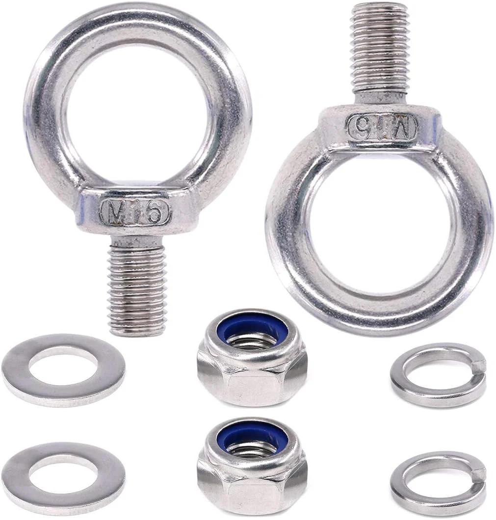مجموعه 8 عددی پیچ چشمی رینگی M16 استیل 304 Swpeet، شامل 2 عدد پیچ چشمی M16 با 2 عدد مهره قفلی، 2 عدد واشر قفلی و 2 عدد واشر تخت