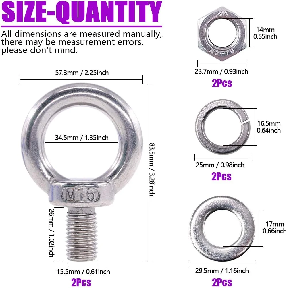 مجموعه 8 عددی پیچ چشمی رینگی M16 استیل 304 Swpeet، شامل 2 عدد پیچ چشمی M16 با 2 عدد مهره قفلی، 2 عدد واشر قفلی و 2 عدد واشر تخت