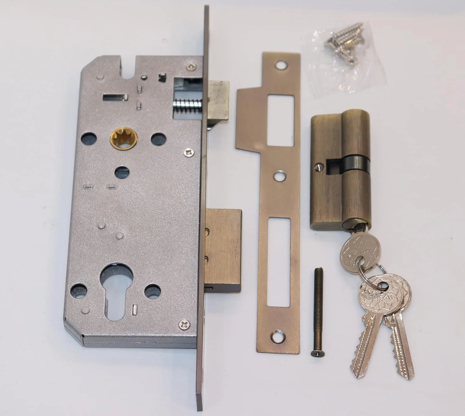 بدنه قفل درب ویلا 85 X 45 میلی متر سایز استاندارد با سیلندر کلید دو طرفه (70 میلی متر)، برنز عتیقه برس خورده