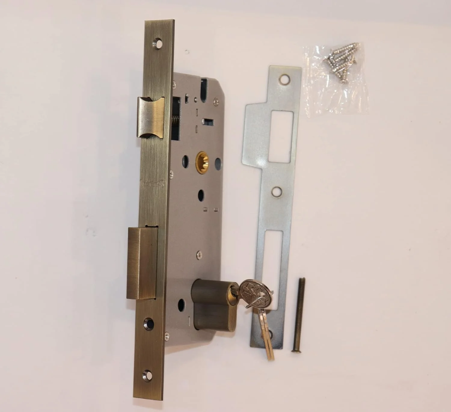 بدنه قفل درب ویلا 85 X 45 میلی متر سایز استاندارد با سیلندر کلید دو طرفه (70 میلی متر)، برنز عتیقه برس خورده