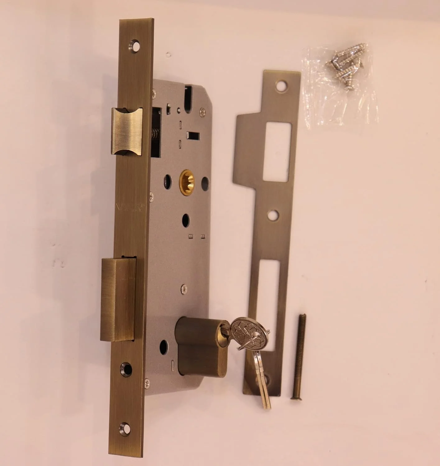 بدنه قفل درب ویلا 85 X 45 میلی متر سایز استاندارد با سیلندر کلید دو طرفه (70 میلی متر)، برنز عتیقه برس خورده