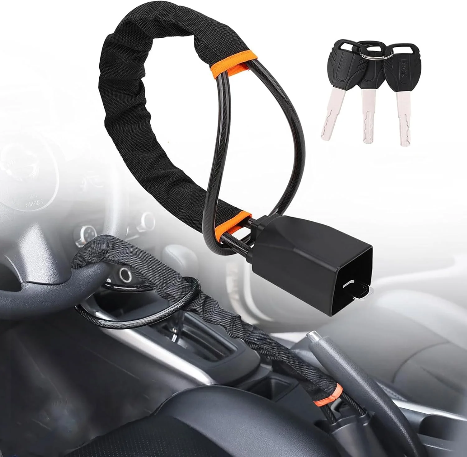 قفل فرمان خودرو ROUNY، قفل کمربند ایمنی، دستگاه ضد سرقت جهانی خودرو با 3 کلید، دستگاه های قفل ضد سرقت خودرو برای خودرو/SUV/کامیون (مشکی، 1 عدد)