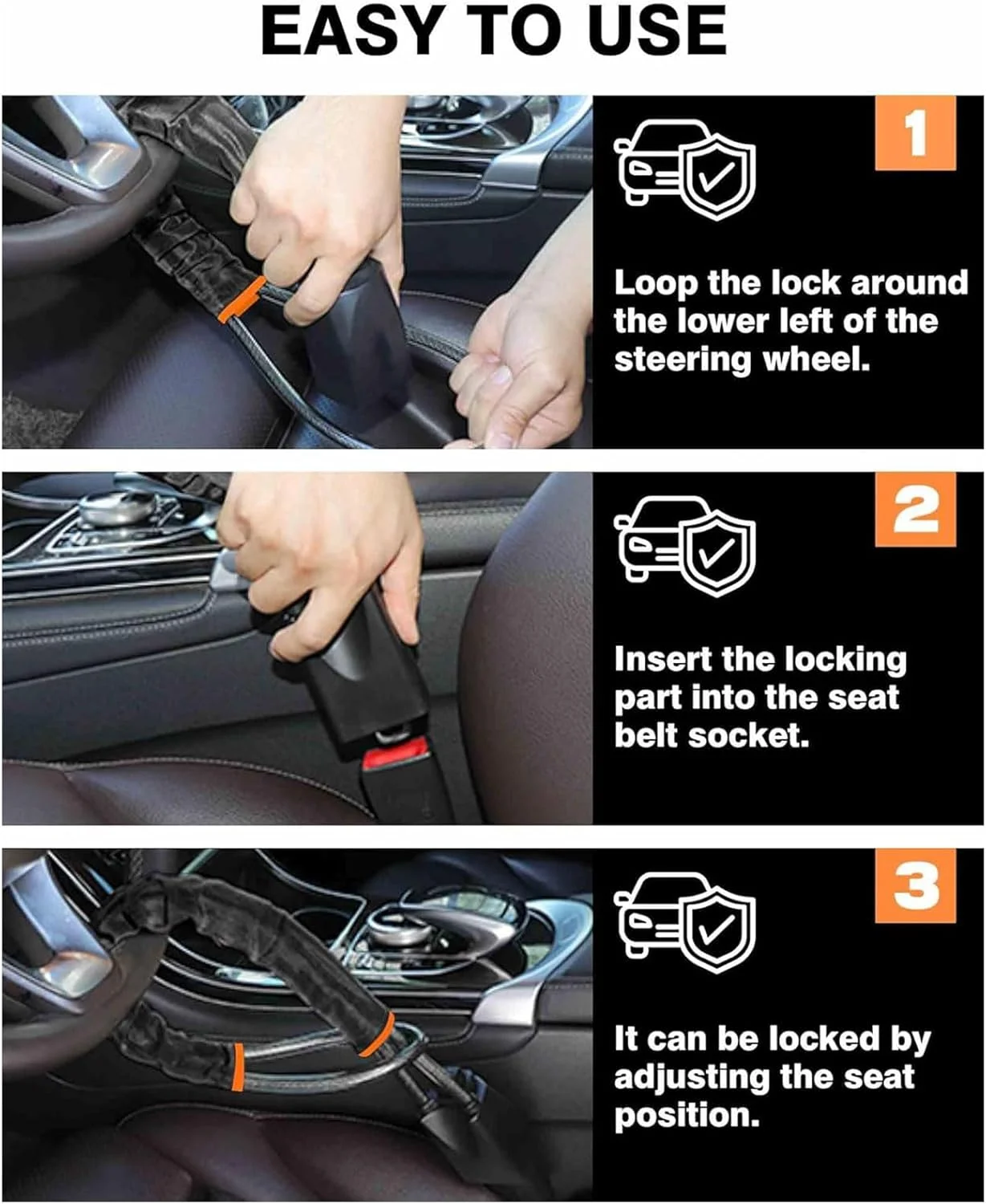 قفل فرمان خودرو ROUNY، قفل کمربند ایمنی، دستگاه ضد سرقت جهانی خودرو با 3 کلید، دستگاه های قفل ضد سرقت خودرو برای خودرو/SUV/کامیون (مشکی، 1 عدد)