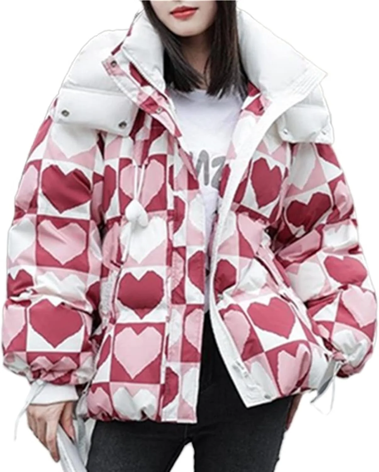 HBEIDAHUANG ژاکت پایین تنه زنانه ژاکت پایین تنه زنانه چاپ قلب کت های بزرگ پاییزی زمستانی پارک های گرم گشاد لباس بیرونی زنانه (رنگ: آبی تیره، سایز: S)