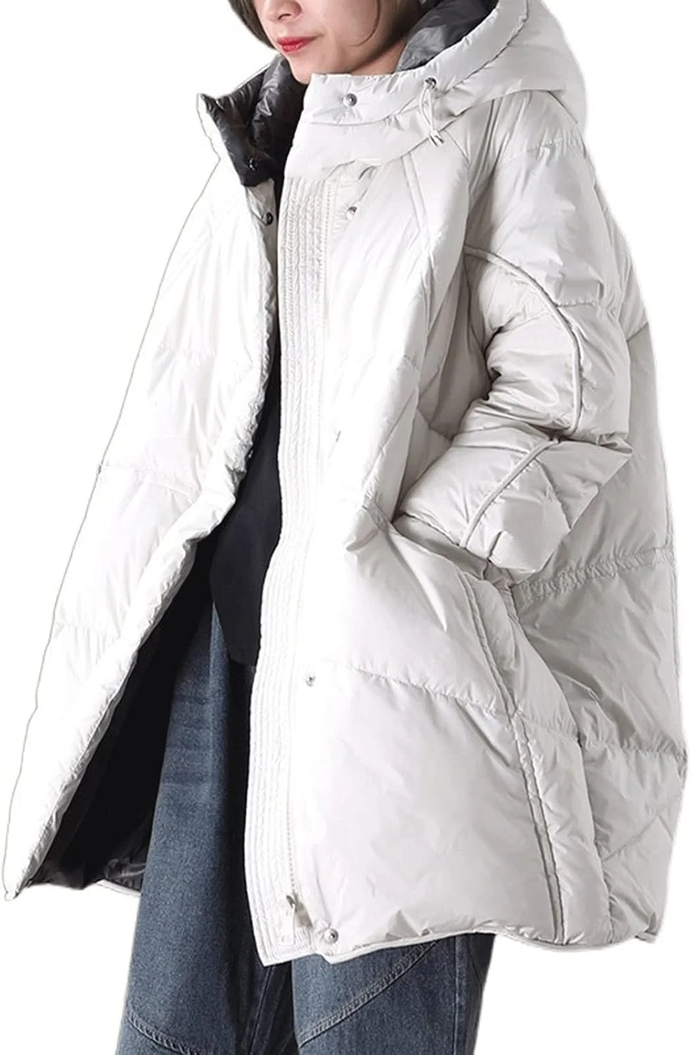 کت پفی زنانه HBEIDAHUANG، کت زمستانی گرم و ضخیم، مناسب برف، مدل آزاد و کلاه دار (رنگ: Hortel، سایز: S)