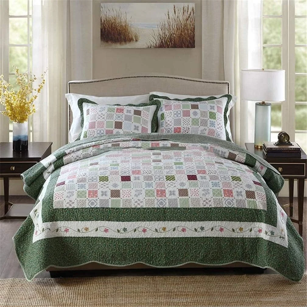 روتختی تکه دوزی شده سه تکه سایز کینگ، طرح گلدار سبز رنگ