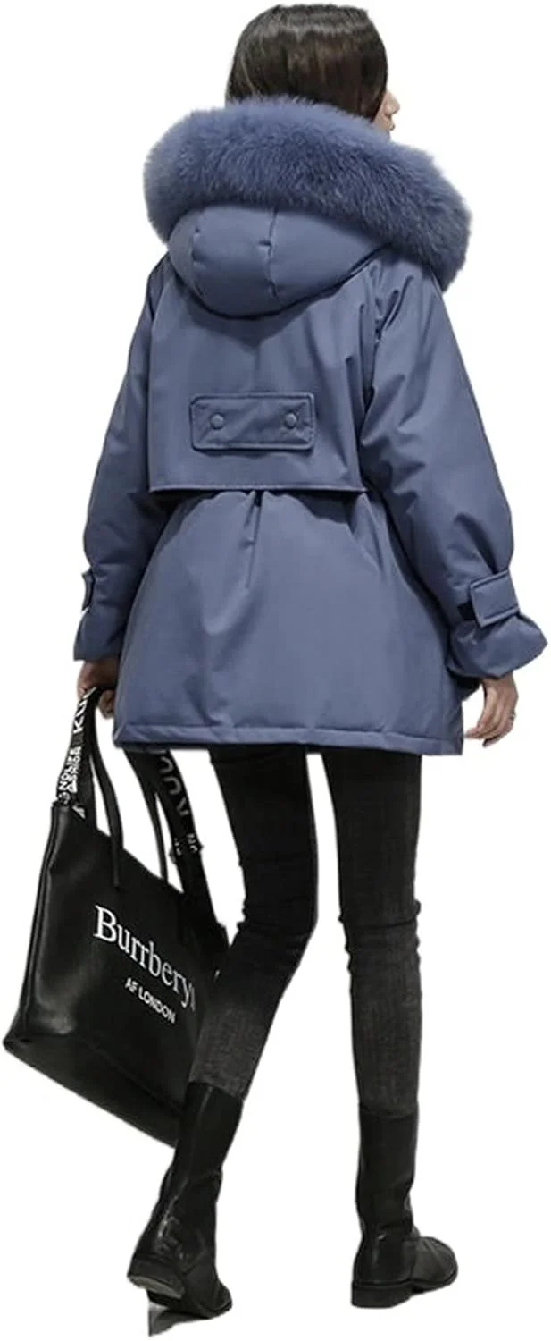 HBEIDAHUANG ژاکت پایین زنانه پاییز زمستان زنانه ژاکت پایین کلاه دار متوسط ​​بلند کت یقه خز مشکی گشاد غیر رسمی به همراه تاپ گرم پشمی لباس زنانه (رنگ: Hortel، سایز: L)