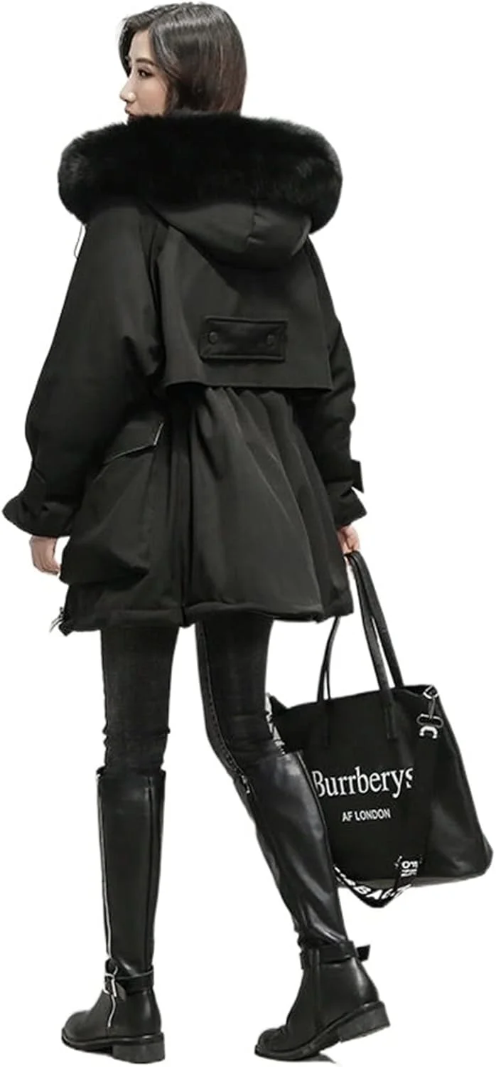 HBEIDAHUANG ژاکت پایین زنانه پاییز زمستان زنانه ژاکت پایین کلاه دار متوسط ​​بلند کت یقه خز مشکی گشاد غیر رسمی به همراه لباس گرم پشمی زنانه (رنگ: Hortel، سایز: XL)