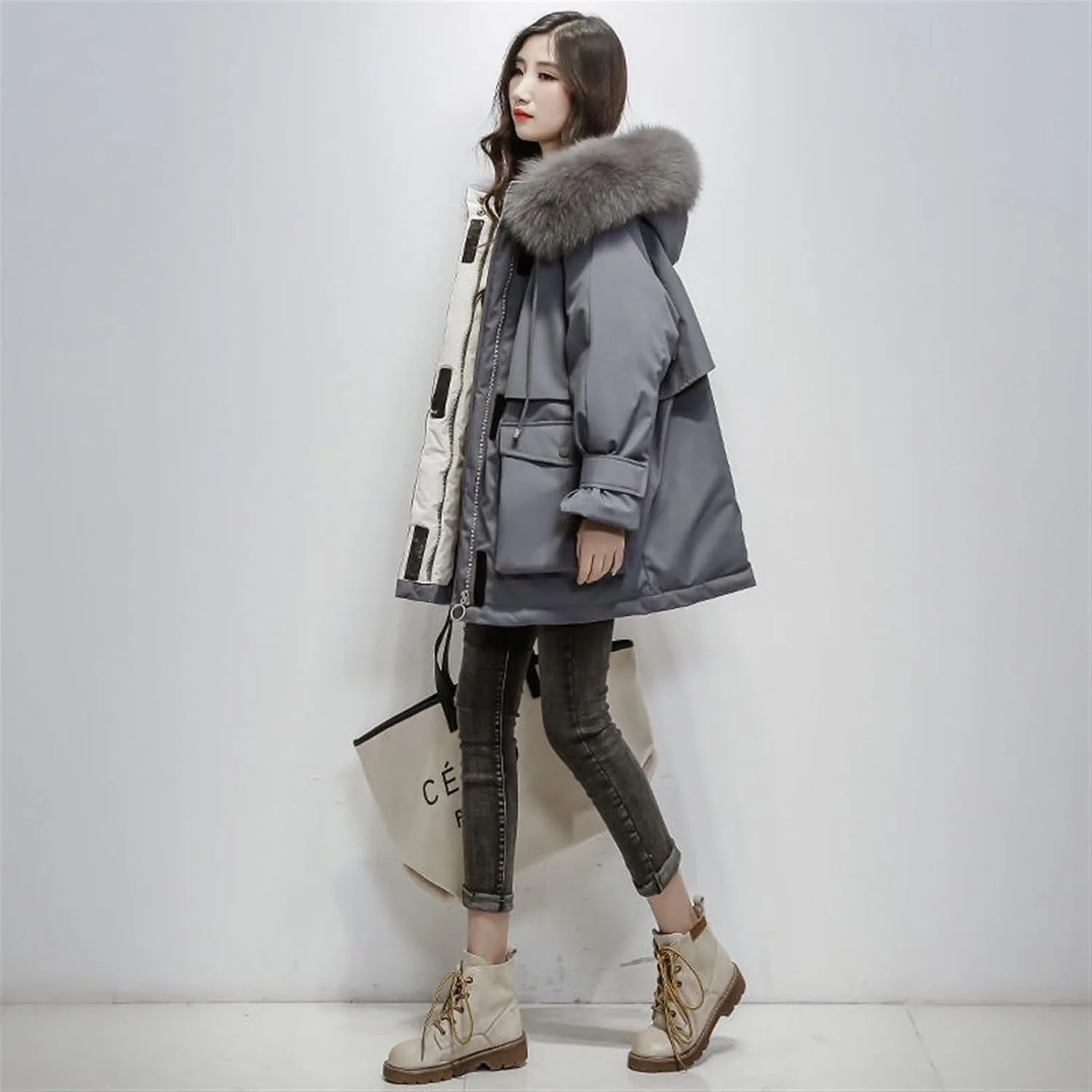 HBEIDAHUANG ژاکت پایین زنانه پاییز زمستان زنانه ژاکت پایین کلاه دار متوسط ​​بلند کت یقه خز مشکی گشاد غیر رسمی به همراه لباس گرم پشمی زنانه (رنگ: Hortel، سایز: XL)