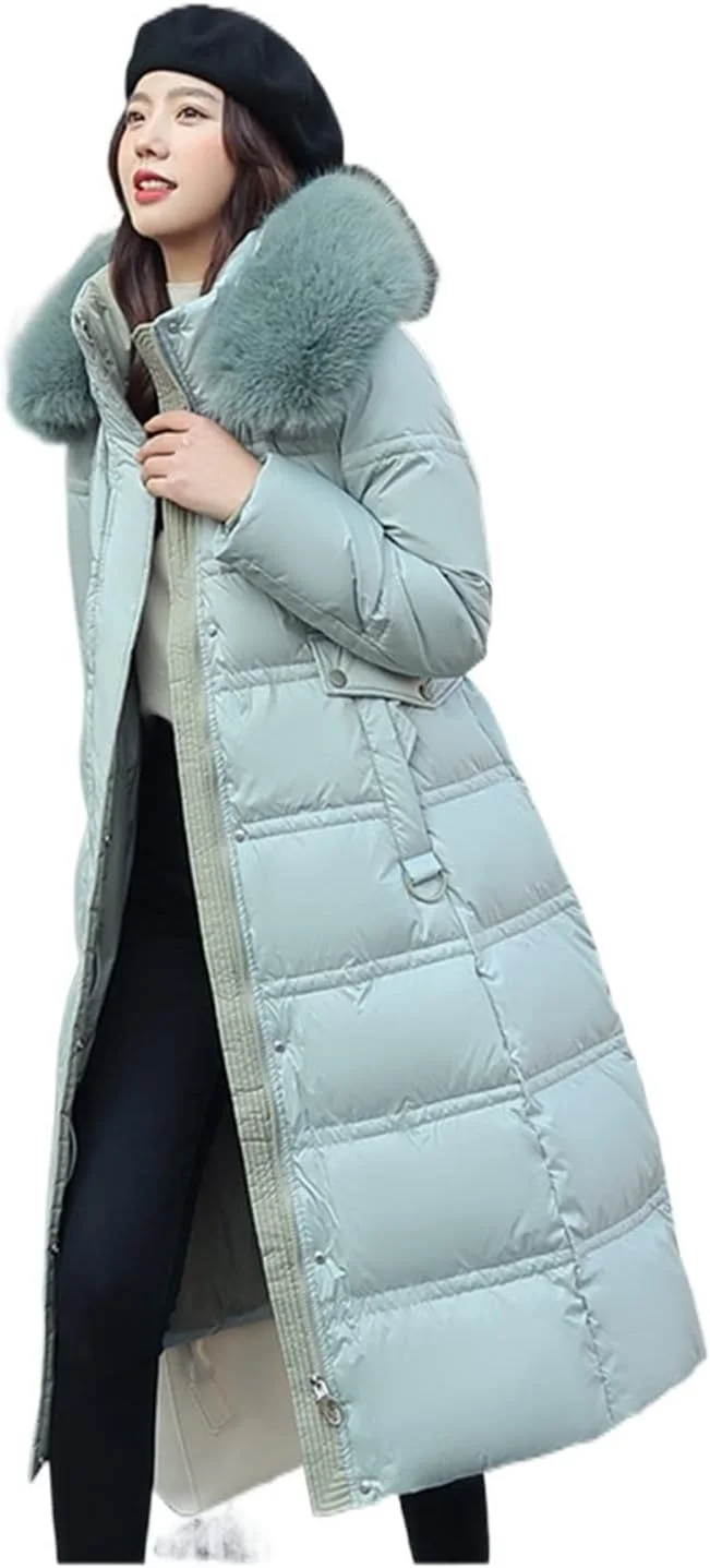 HBEIDAHUANG ژاکت پایین زنانه پاییز زمستان پشم گرم کت زنانه متوسط ​​بلند باریک کلاه دار ژاکت پایین سایز بزرگ بالای زانو لباس پنبه ای لباس زنانه (رنگ: Hortel، سایز: M)