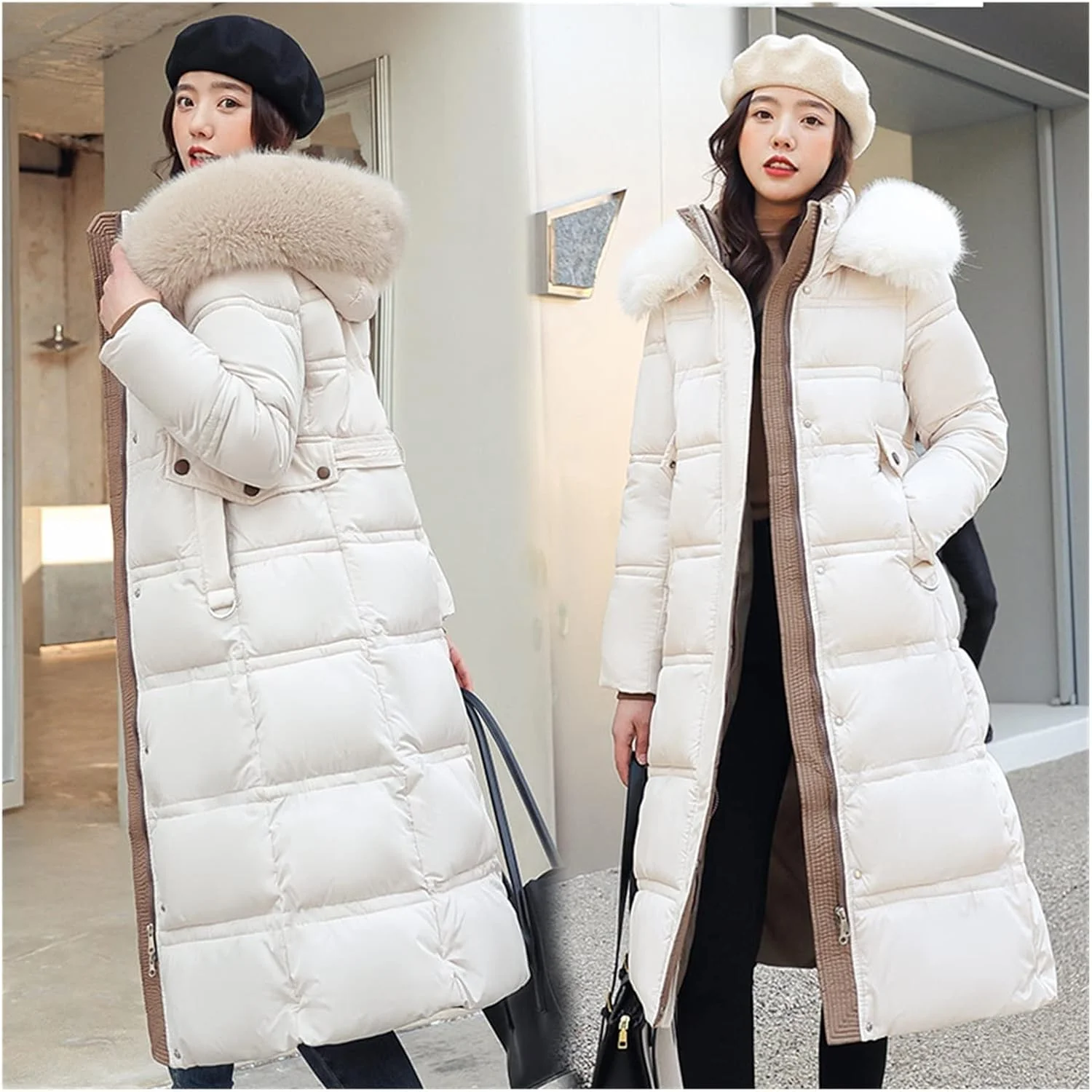 HBEIDAHUANG ژاکت پایین زنانه پاییز زمستان پشم گرم کت زنانه متوسط ​​بلند باریک کلاه دار ژاکت پایین سایز بزرگ بالای زانو لباس پنبه ای لباس زنانه (رنگ: Hortel، سایز: M)