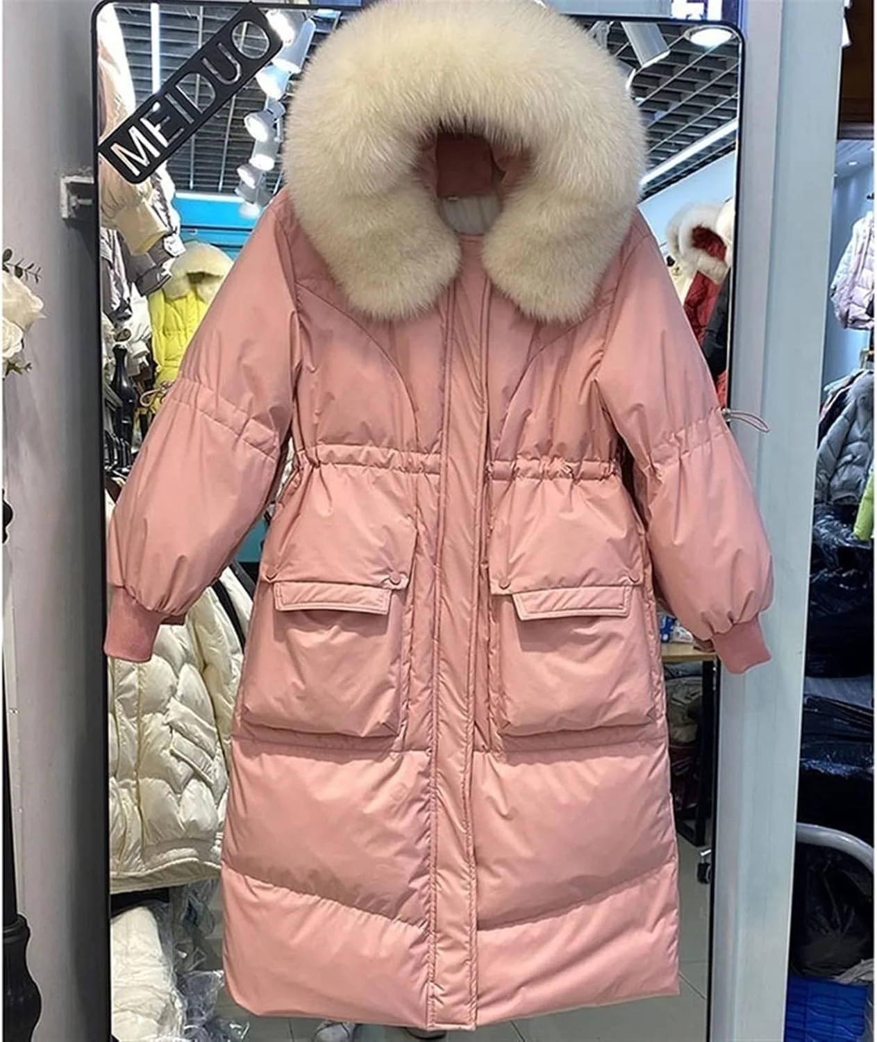 HBEIDAHUANG ژاکت زنانه پایین یقه چرمی بزرگ ژاکت بلند زنانه زمستانی کت ضخیم و گرم اردک سفید شل و فوق العاده سبک. (رنگ: Hortel، سایز: S)