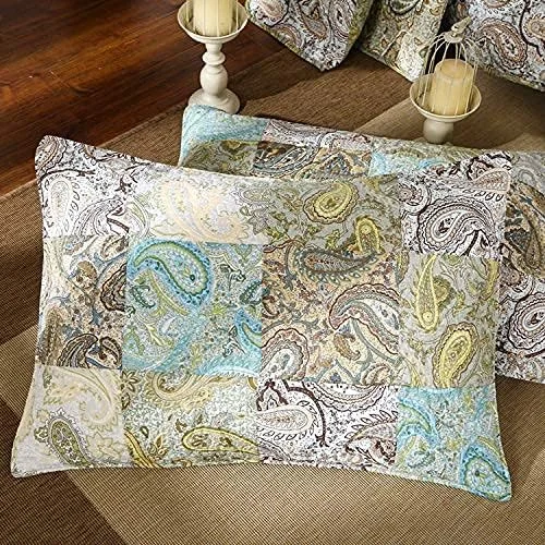 روتختی تکه دوزی شده سه تکه، طرح شیک سبز و زرد با چاپ گل، پنبه ای دست ساز، رو تختی و لحاف سایز کینگ همراه با 2 روبالشتی