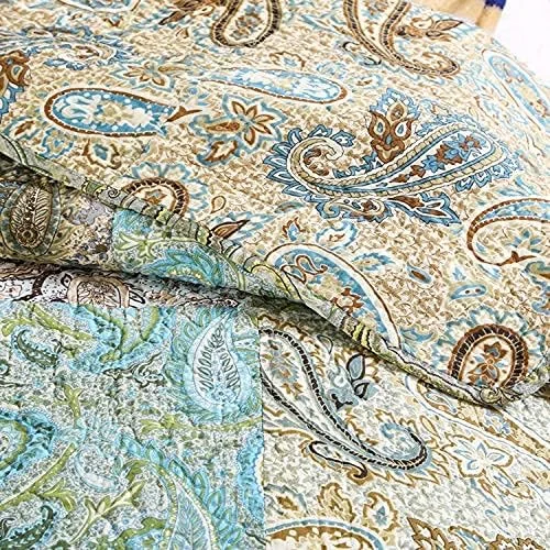 روتختی تکه دوزی شده سه تکه، طرح شیک سبز و زرد با چاپ گل، پنبه ای دست ساز، رو تختی و لحاف سایز کینگ همراه با 2 روبالشتی