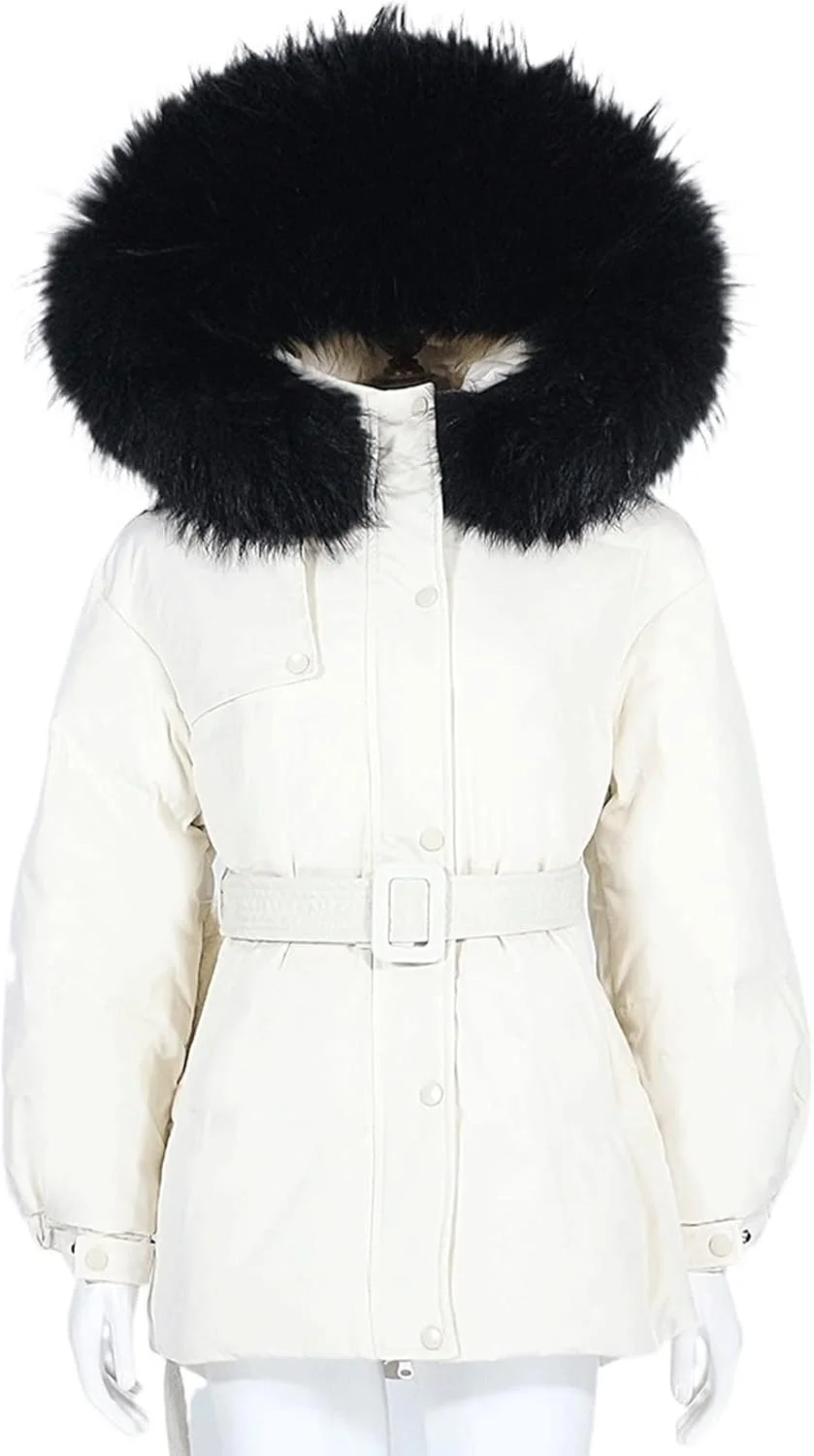 HBEIDAHUANG ژاکت زنانه پایین کرکی کلاه دار کت زمستانی کمربند ژاکت ضخیم گرم زنانه با 90% پر اردک سفید (رنگ: Hortel، سایز: S)