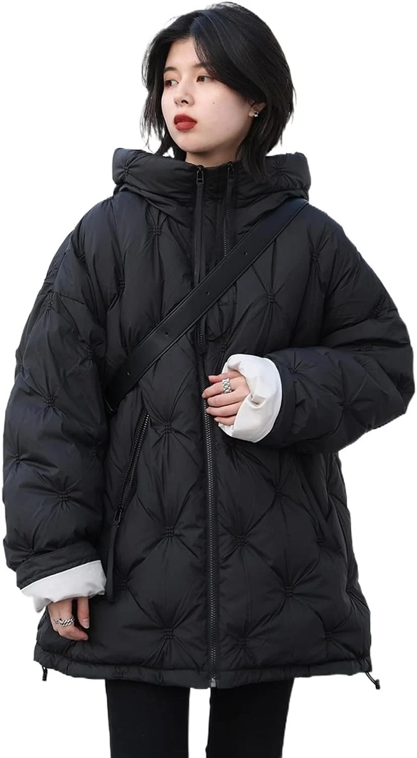 کت زمستانی زنانه HBEIDAHUANG، ژاکت پایین زیپ دوتایی کلاه دار، کت ضخیم و گرم زنانه با طول متوسط (رنگ: Hortel، سایز: S)