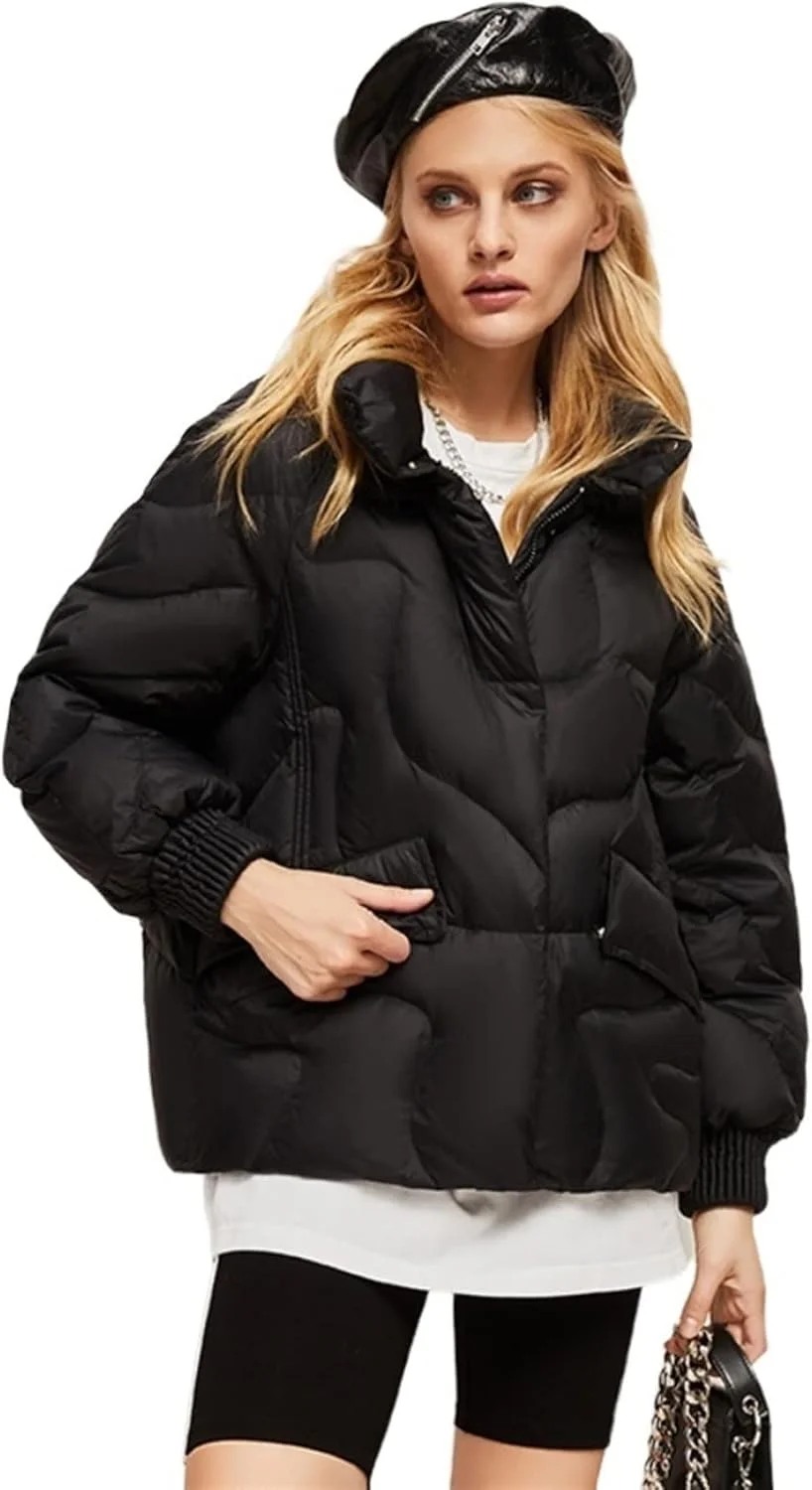 HBEIDAHUANG ژاکت پایین زنانه پاییزه ضخیم با 90% پر اردک تیره، یقه ایستاده، زیپ و گرم (رنگ: Hortel، سایز: L)