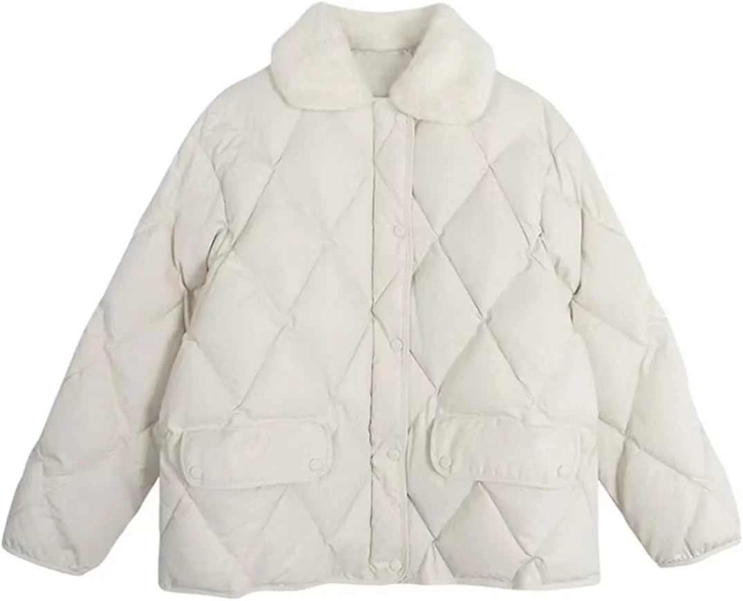 کت پفی زنانه HBEIDAHUANG، مناسب پاییز و زمستان، رنگ ثابت، طرح قدیمی، کت پنبه‌ای، یقه کرکی، آستین بلند گشاد، مناسب استفاده روزمره (رنگ: Hortel، سایز: M)