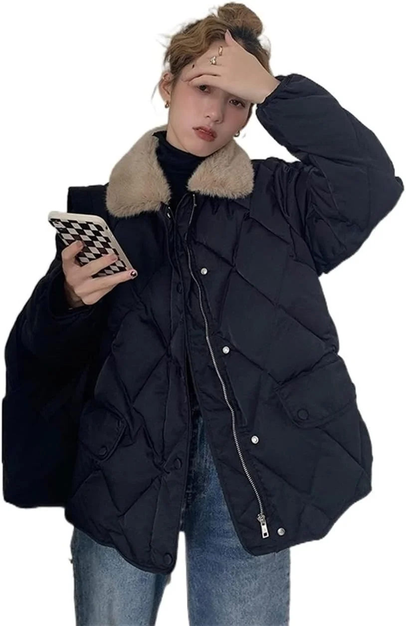 کت پفی زنانه HBEIDAHUANG، پاییز و زمستان، رنگ ثابت، کت پنبه ای قدیمی، یقه کرکی، آستین بلند گشاد، مدل ساده و روزمره (رنگ: Hortel، سایز: S)