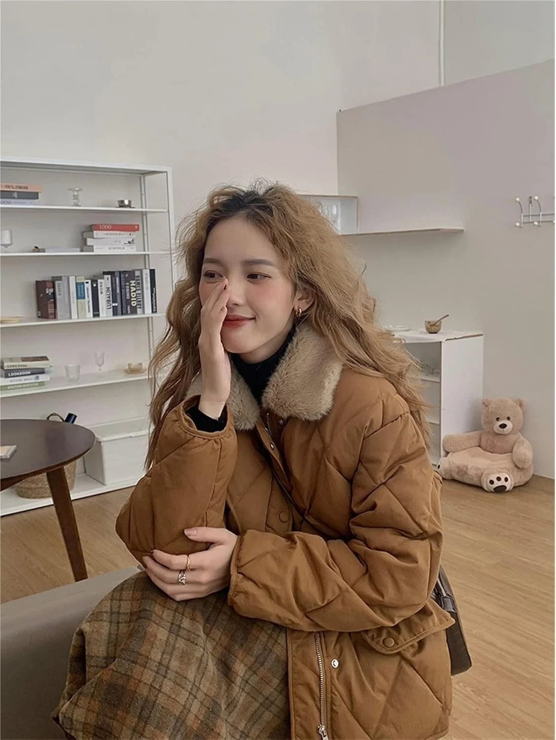 کت پفی زنانه HBEIDAHUANG، پاییز و زمستان، رنگ ثابت، کت پنبه ای قدیمی، یقه کرکی، آستین بلند گشاد، مدل ساده و روزمره (رنگ: Hortel، سایز: S)