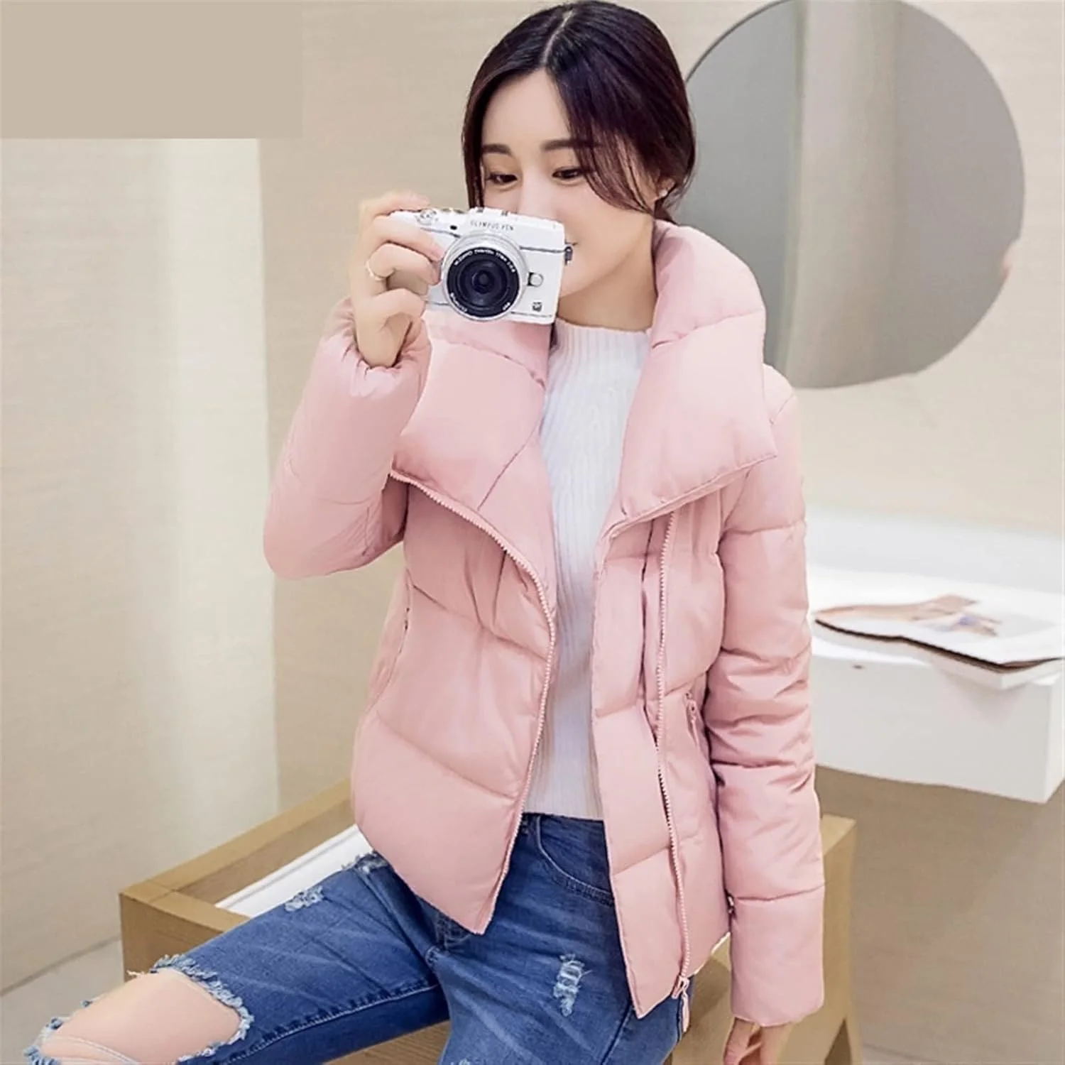 HBEIDAHUANG ژاکت پایین زنانه کت های پنبه ای زنانه زمستانی سایز بزرگ گشاد ژاکت پایین کوتاه تاپ گرم دخترانه لباس بیرونی دانشجویی شیک (رنگ: آبی تیره، سایز: XXL)