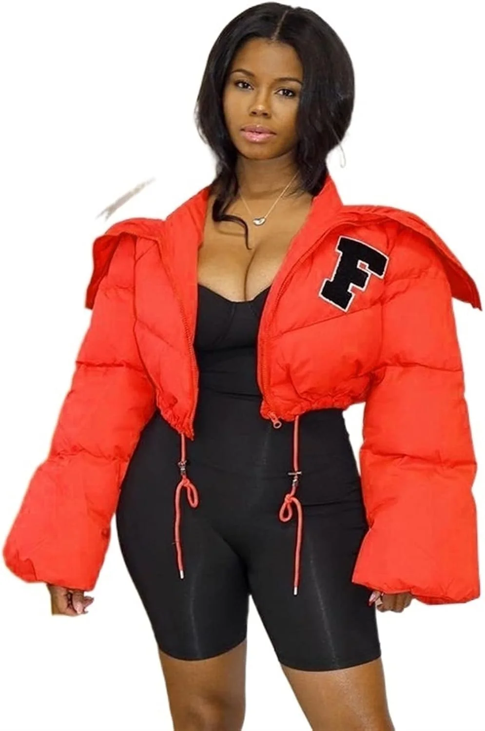 کت زنانه HBEIDAHUANG، کت یقه خزدار، غیر رسمی، ضخیم و گرم، کت کوتاه زنانه، لباس خیابانی با طرح حروف (رنگ: آبی تیره، سایز: L)