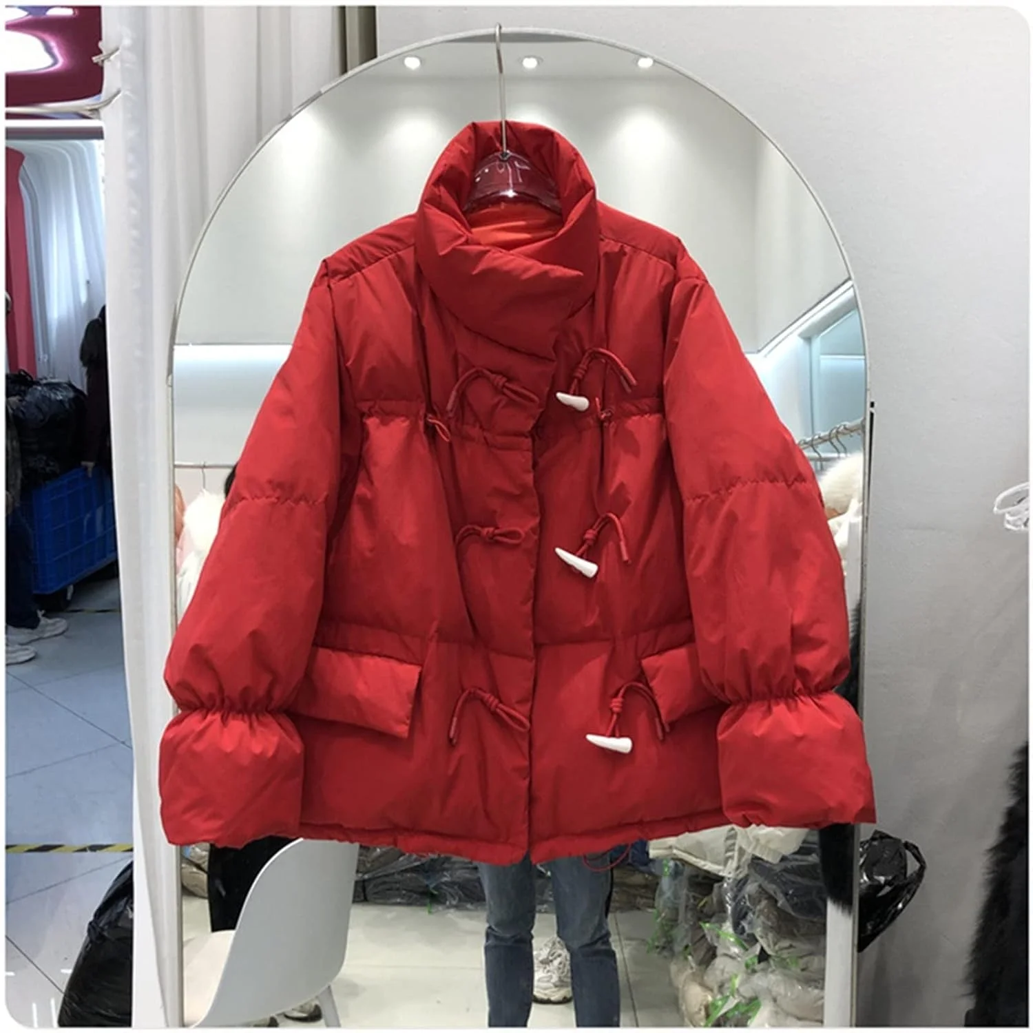 HBEIDAHUANG ژاکت پایین زنانه، ژاکت زیپ دار کروسان گشاد، ژاکت کوتاه پنبه ای پایین اردک سفید زنانه، کت پارکا طرح دار شبکه ای (رنگ: آبی تیره)