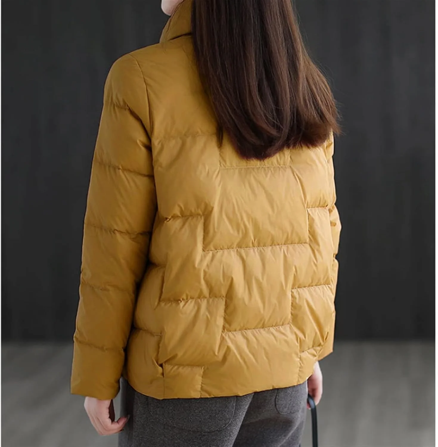 کت پفی زنانه HBEIDAHUANG یقه ایستاده رنگ ثابت، کت کوتاه و آزاد مناسب فصل زمستان - پوشاک زنانه (رنگ: گل ادریسی، سایز: L)