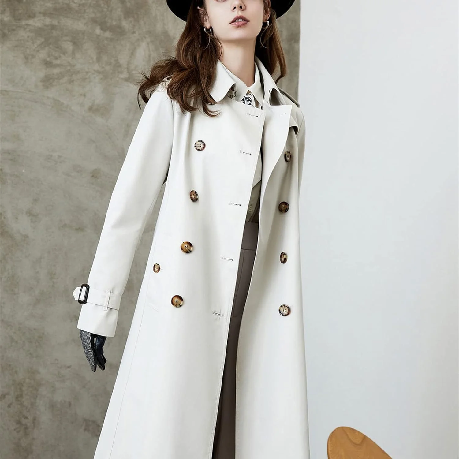 کت های زمستانی HBEIDAHUANG برای زنان، کت ترنچ بلند زنانه بهاره و پاییزی، کت ترنچ دبل برستد کمربند دار (رنگ: Hortel، سایز: L)