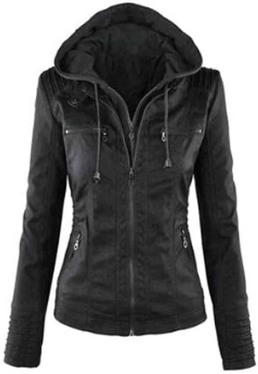 کت های زمستانی زنانه HBEIDAHUANG، کت های چرمی PU زیپ دار کوتاه زنانه، کت موتورسواری آستین بلند کلاه دار، کت باریک روزانه (رنگ: Hortel، سایز: XXXL)