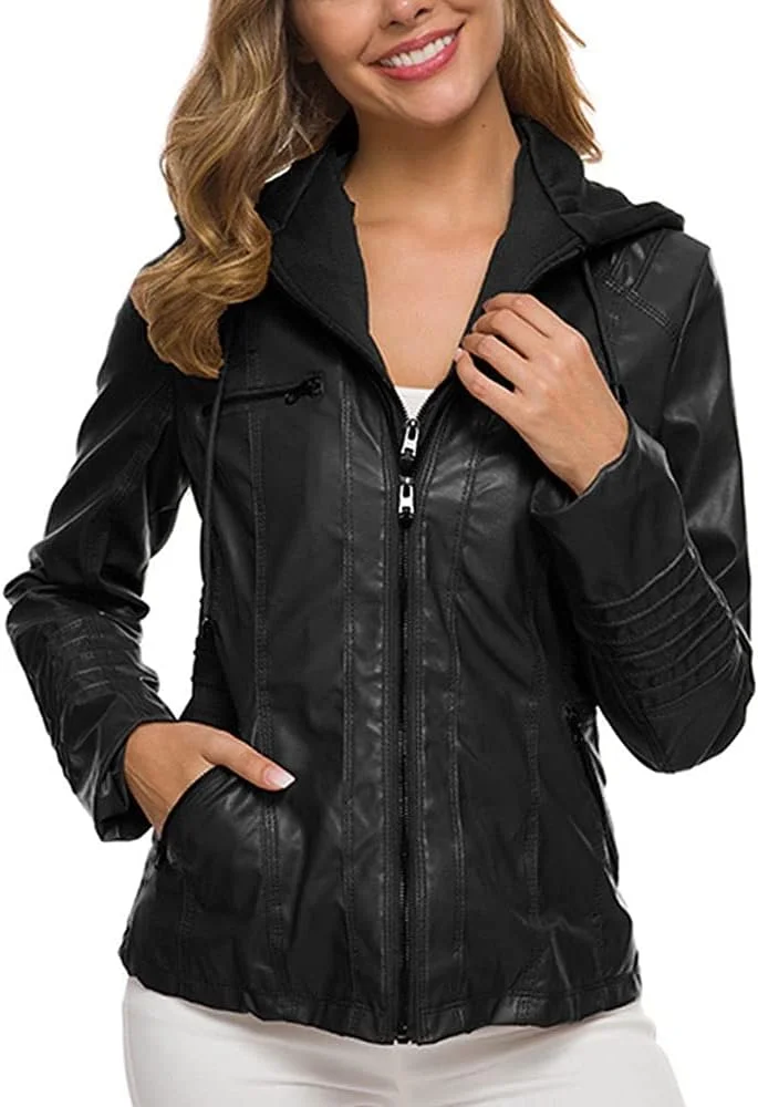 کت های زمستانی زنانه HBEIDAHUANG، کت های چرمی PU زیپ دار کوتاه زنانه، کت موتورسواری آستین بلند کلاه دار، کت باریک روزانه (رنگ: Hortel، سایز: XXXL)